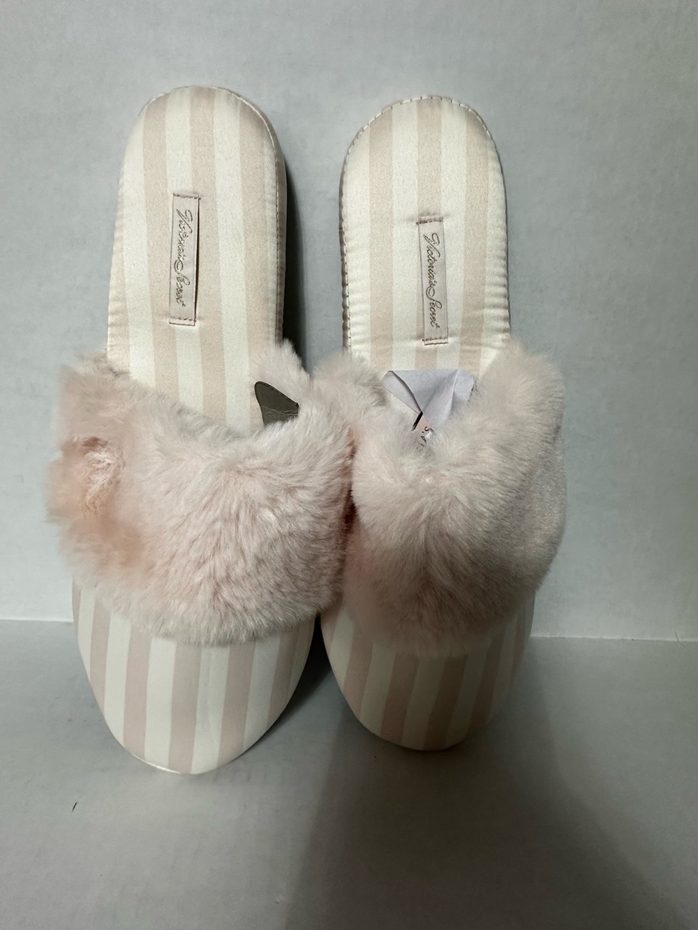 Victoria Secret Plush Pink Striped Slide Slippers